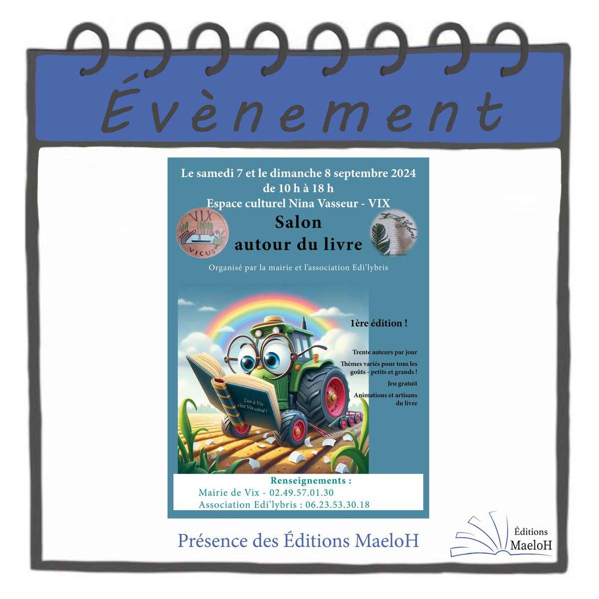 EditionsMaeloh's tweet photo. Ce week-end, Nous serons présents au salon du livre de Vix (85).

#editionsmaeloh
#maisondedition #edition #livre #roman #dedicace #nouveautelitteraire #auteur
#salondulivre #vix #vendee https://t.co/eDnreYaMR4
