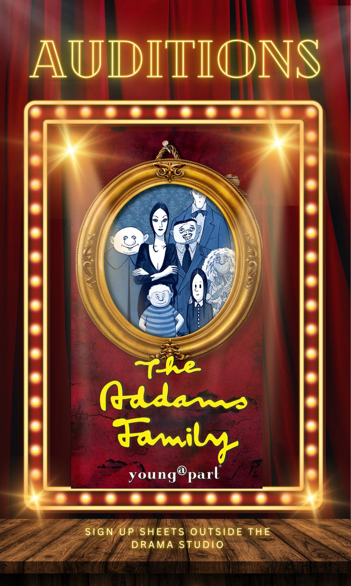 Auditions Season is upon us! This year’s school production is…. The Adams Family! Sign up sheets will be outside the Drama Studio. If you are interested in Auditioning or being involved in stage management, head to the drama studio Friday (6th) @ lunch 🎭 🎶 💃