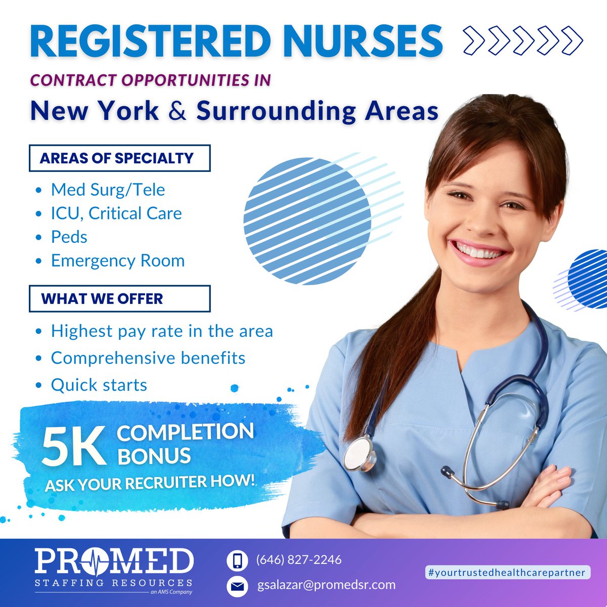 ProMed Staffing Resources is offering an amazing $5,000 #completionbonus for #RNs. Contact Gary Salazar at (646) 827-2246 or gsalazar@promedsr.com today!

#registerednurse #medsurgtele #nursingjobs #er #icu #hospitaljobs #hiring #staffingagencynearme #promed #promedsr