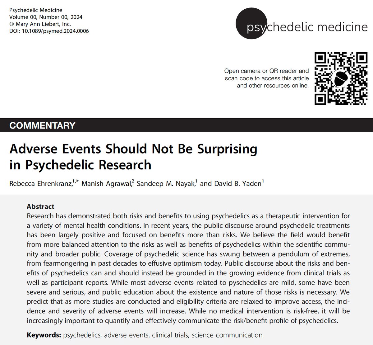In our latest paper, we emphasize the need for quantitative summaries of adverse events data to complement anecdotes and drive discourse on the risks and benefits of psychedelic research.