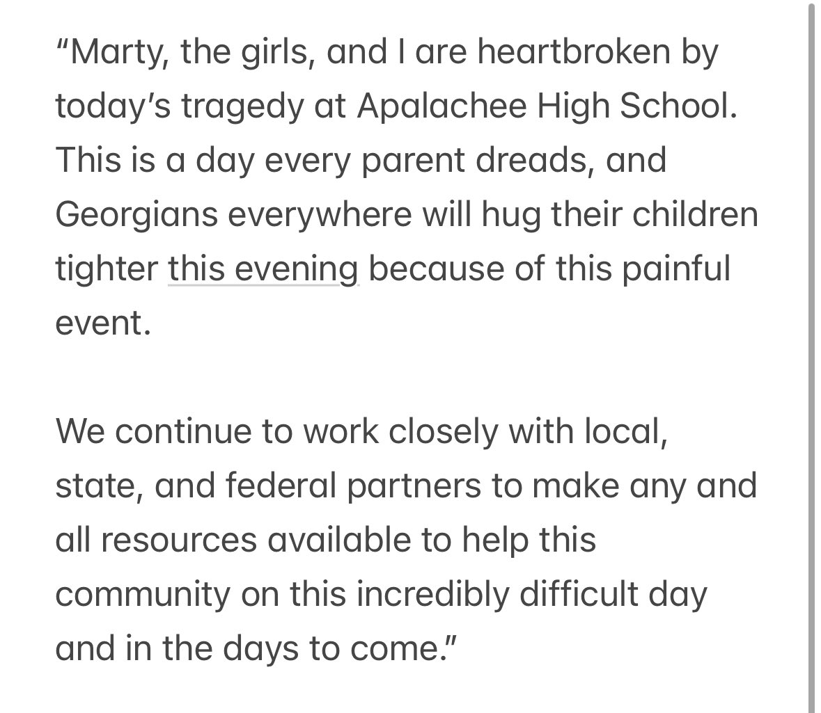 bluestein's tweet photo. Gov. Kemp: “This is a day every parent dreads, and Georgians everywhere will hug their children tighter this evening because of this painful event.” https://t.co/AS2rISvS8T