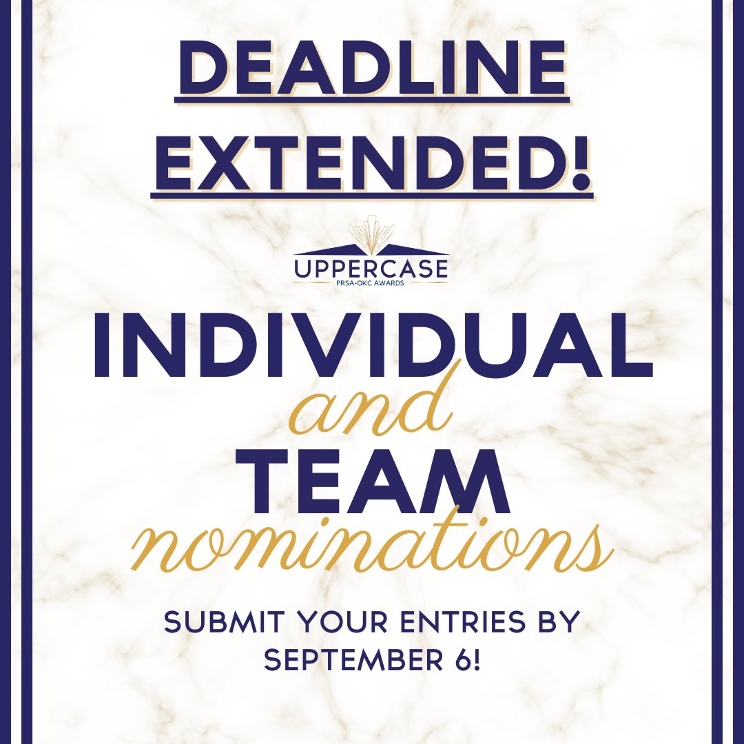 We are extending the nomination period for individual and team awards until Friday, September 6! Help us celebrate the best #PR work and people in the #OKC area by nominating the best of the best today. 

Click here to learn more: uppercaseokc.com
