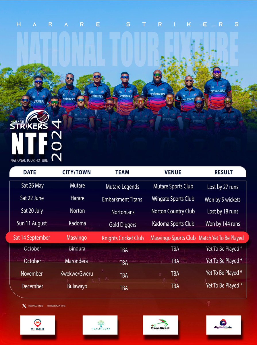 The Harare Strikers SCC National Tour Fixture is out!

Next Stop: Masvingo... details to follow tomorrow