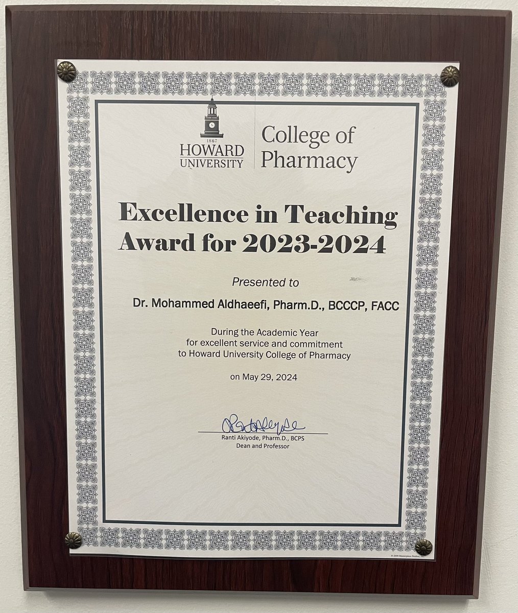 Honored to receive this award! Grateful for the recognition, the <a href="/HuPharm_college/">Howard University College of Pharmacy</a>, and my students. Cheers to keep pushing boundaries #PharmEd