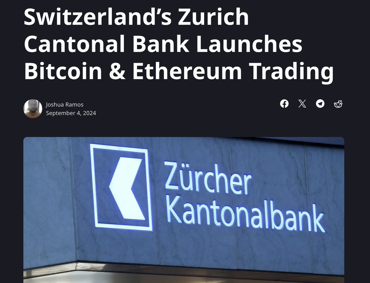 Wow, gerade erst erfahren: Die viertgrößte Bank der Schweiz, die Zürcher  Kantonalbank, startet den Handel mit Bitcoin und Ethereum. 🇨🇭