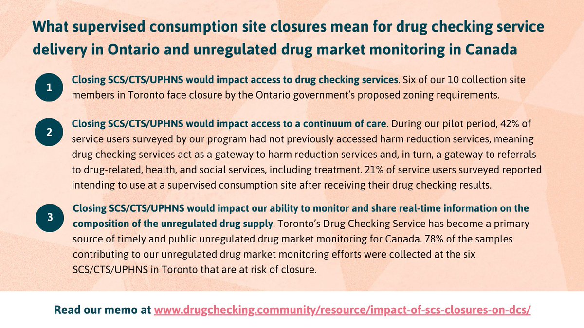 drugcheckingTO's tweet image. The Ontario Government has announced plans to ban supervised consumption sites within 200m of schools and child care centres. How would this impact drug checking service delivery in Ontario and unregulated drug market monitoring in Canada? Read our memo: drugchecking.community/resource/impac…