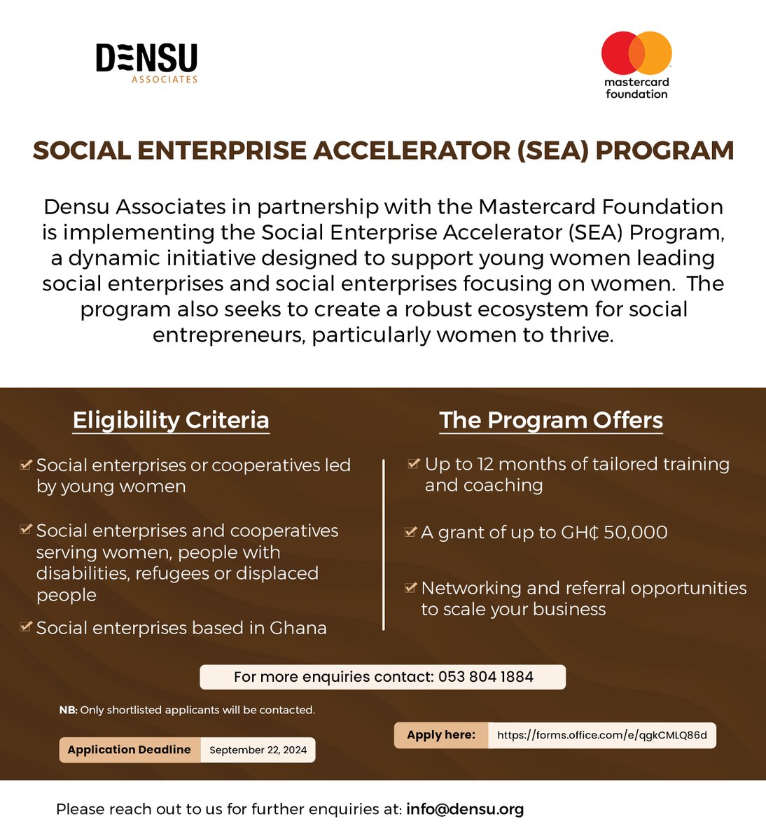Do you own an enterprise with the primary aim to improve or solve a social, economic or environmental challenge in Ghana? Kindly click on the link forms.office.com/e/qgkCMLQ86d to apply.
Application Deadline: September 22, 2024
#SocialEnterprise #WomenEmpowerment