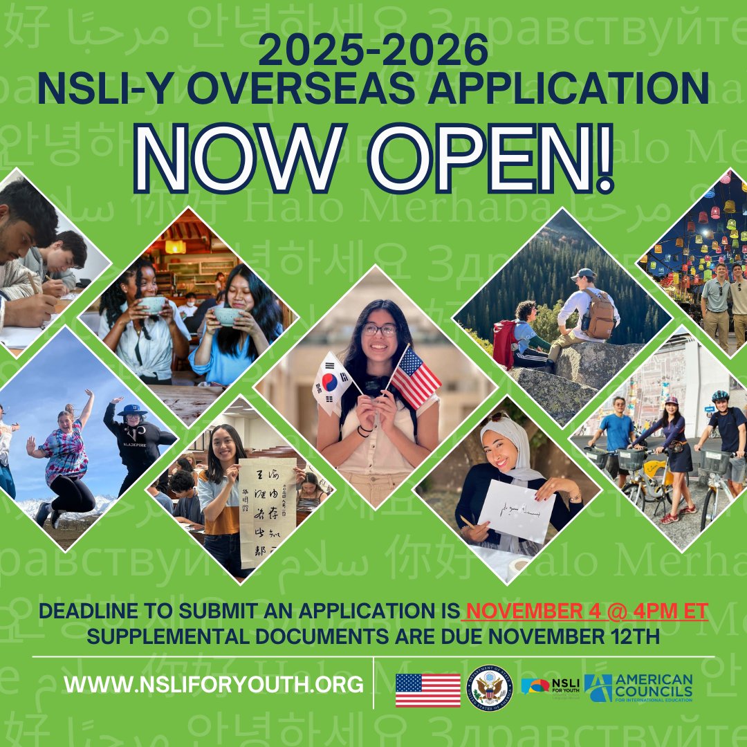 NSLI for Youth (@nsliy) on Twitter photo The NSLI-Y Summer 2025 and Academic Year 25-26 application is NOW LIVE! You can find the link to the application on our website. The application will remain open until November 4 at 4 PM ET. If you have questions, feel free to call or email the NSLI-Y team.
<a href="/ECAatState/">Educational & Cultural Affairs—U.S. Dept. of State</a> The NSLI-Y Summer 2025 and Academic Year 25-26 application is NOW LIVE! You can find the link to the application on our website. The application will remain open until November 4 at 4 PM ET. If you have questions, feel free to call or email the NSLI-Y team.
<a href="/ECAatState/">Educational & Cultural Affairs—U.S. Dept. of State</a>