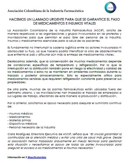 ascifcolombia's tweet photo. 🚨#Atencion | Comunicado de prensa - Hacemos un llamado urgente para que se garantice el paso de medicamentos e insumos vitales. #ASCIF #ProduccionNacional https://t.co/bhebnhNVtE