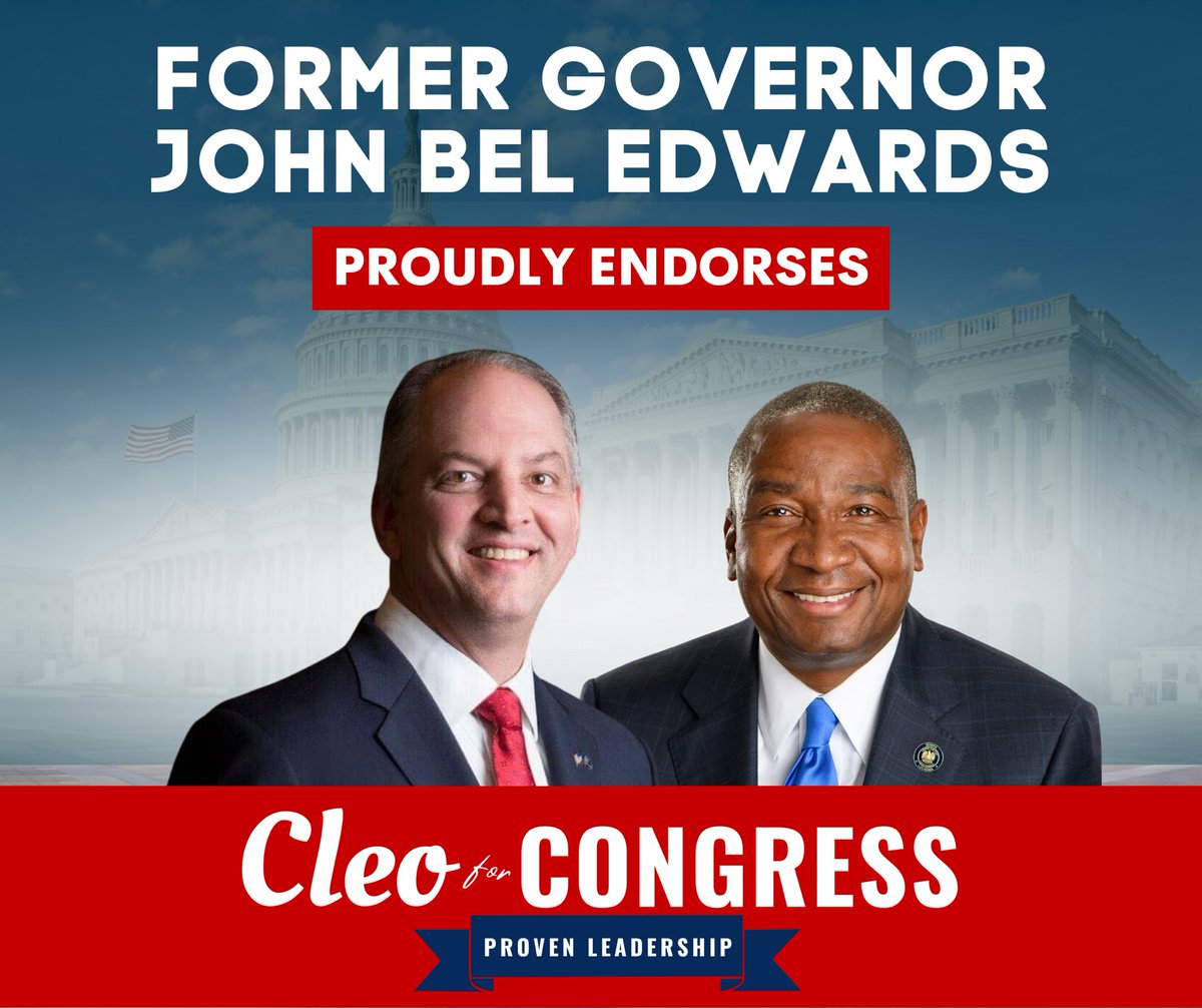 Cleo Fields (@realcleofields) on Twitter photo I am honored to announce the endorsement of former Governor <a href="/JohnBelEdwards/">John Bel Edwards</a>. During his time as governor, Governor Edwards and I worked closely together in fighting for the people of Louisiana. His support meant everything to me then, and it means even more now as we take today’s I am honored to announce the endorsement of former Governor <a href="/JohnBelEdwards/">John Bel Edwards</a>. During his time as governor, Governor Edwards and I worked closely together in fighting for the people of Louisiana. His support meant everything to me then, and it means even more now as we take today’s