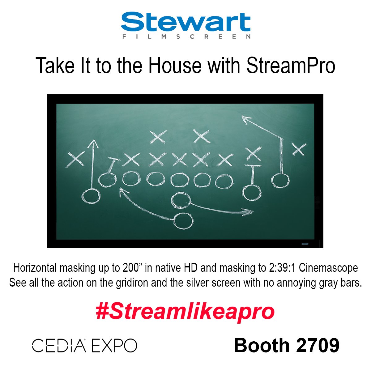 Don’t miss any of the action with the new StreamPro Horizontal Masking Screen. Ideal for viewers who stream and want their content to display in the correct aspect ratio.
#streamlikeapro #cedia #stewarfilmscreen #nograybars