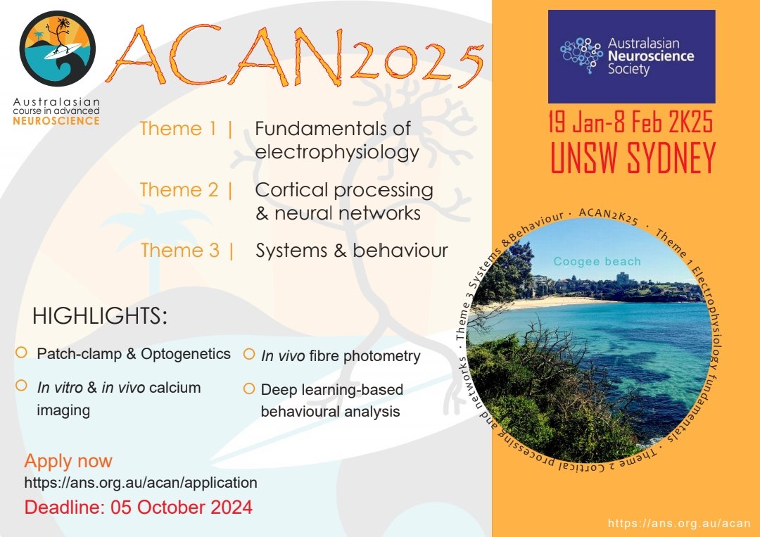 Australasian Neuroscience Society (ANS) (@ausneurosoc) on Twitter photo Applications for the upcoming Australasian Course in Advanced Neuroscience ACAN 2025 (from Sunday 19th January 2025 to Saturday 8th February 2025) areĀ now open:
form.jotform.com/242447299661063
Applications CloseĀ ā Saturday 5 October 2024
<a href="/ANS_Students/">ANS Students Australasian Neuroscience Society</a> Applications for the upcoming Australasian Course in Advanced Neuroscience ACAN 2025 (from Sunday 19th January 2025 to Saturday 8th February 2025) areĀ now open:
form.jotform.com/242447299661063
Applications CloseĀ ā Saturday 5 October 2024
<a href="/ANS_Students/">ANS Students Australasian Neuroscience Society</a>