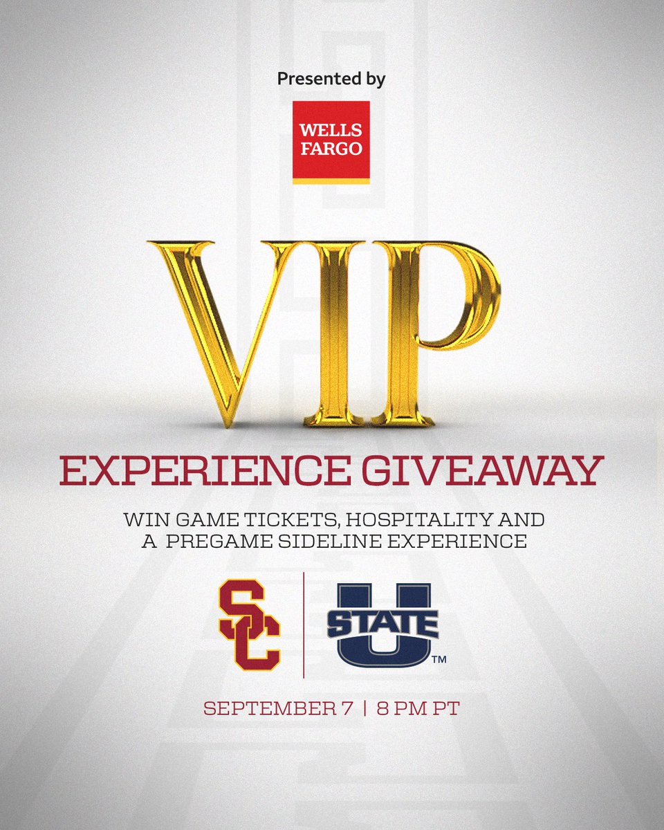 USC Trojans (@usc_athletics) on Twitter photo We're giving one lucky fan a VIP experience
at this Saturday’s <a href="/uscfb/">USC Football ✌️</a> game, presented by <a href="/WellsFargo/">Wells Fargo</a>!
Repost to enter for your chance to win! We're giving one lucky fan a VIP experience
at this Saturday’s <a href="/uscfb/">USC Football ✌️</a> game, presented by <a href="/WellsFargo/">Wells Fargo</a>!
Repost to enter for your chance to win!