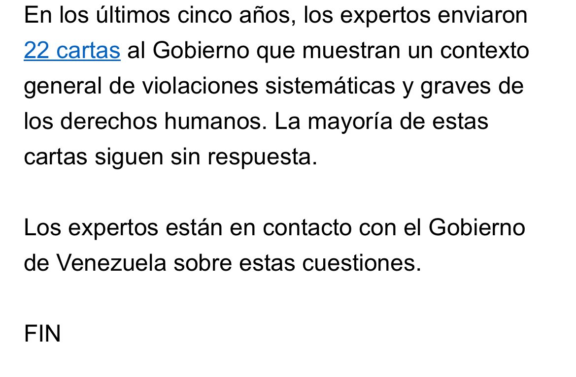 #Venezuela 
Expertos de la ONU denuncian que "hay pruebas de un patrón sistemático de violaciones de derechos humanos, que desatiende el pleno disfrute de los derechos fundamentales y aumenta el riesgo para la vida de cualquiera que sea crítico con el Gobierno”