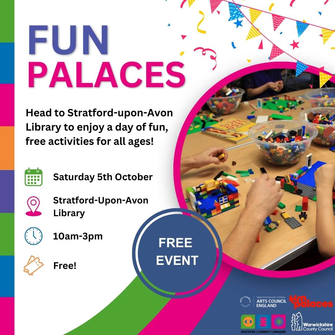 Join us for fun and free activities at our Stratford-upon-Avon Library Fun Palace on Saturday 5th October, 10am-3pm!

Drop in to Stratford Library for a celebration of music and creativity! Stay tuned to hear more about what free activities are happening on the day!