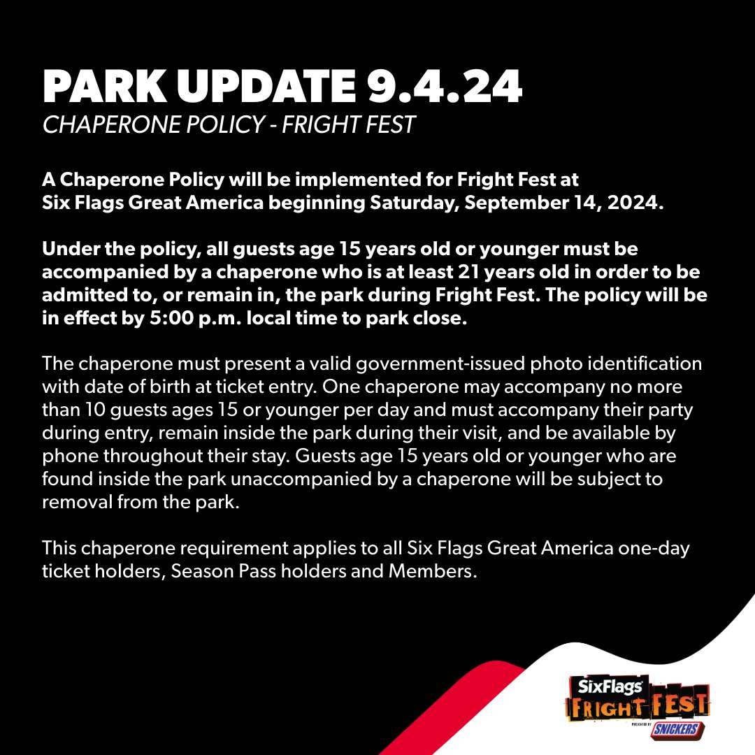SFGreat_America's tweet photo. 🌟The safety of our guests and associates is our top priority!🎢✨We’re introducing a Chaperone Policy for Fright Fest nights starting Saturday, September 14, 2024.

READ MORE ➡️ https://t.co/0EsyhSR6om https://t.co/KLU0gt6t1R