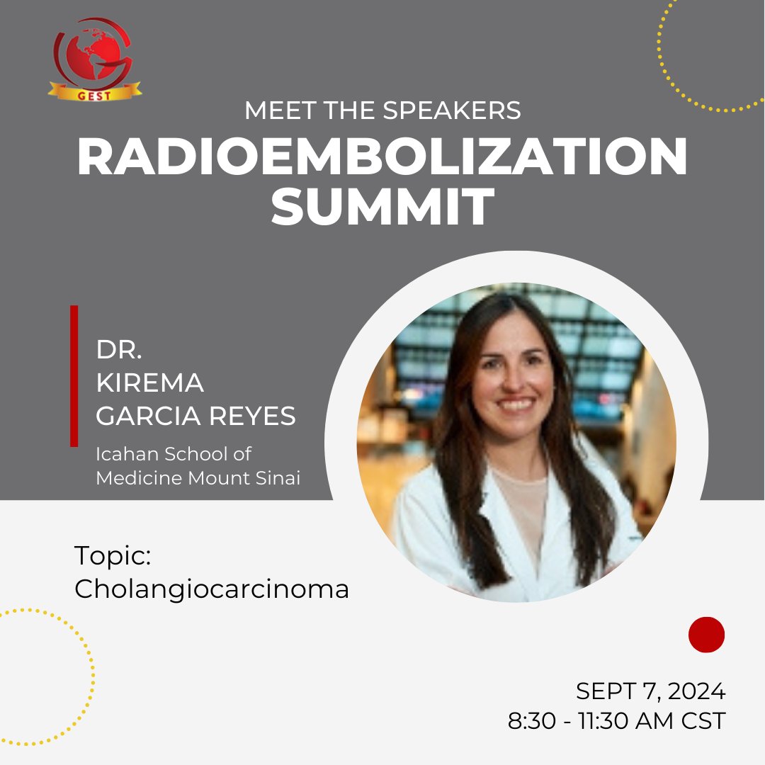 Dr. Kirema Garia Reyes will be presenting on #Cholangiocarcinoma during the #radioembolization summit next weekend.⁠
⁠
Join us on Sept 7: thegestgroup.com/radioembolizat…⁠
⁠
#embolotherapy #interventionaloncology #interventionalradiology #Y90 #MedEd #IRadRes
