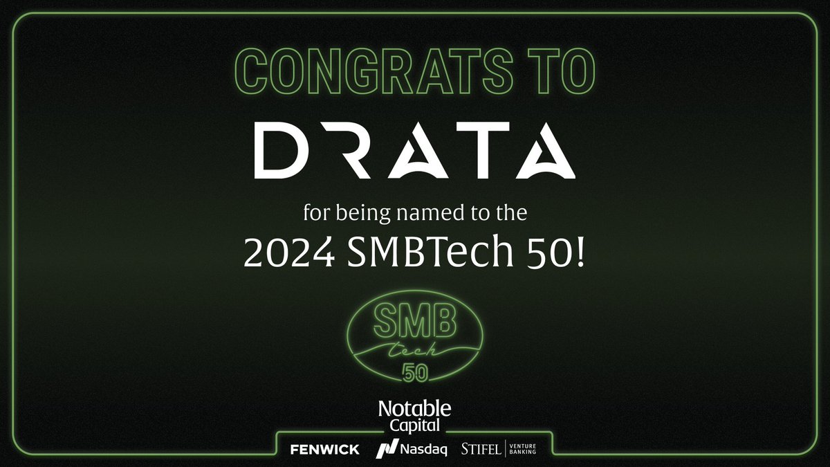 DrataHQ's tweet image. For the 3rd year in a row, Drata was named to the #SMBTech50 list! 🎉 

Led by @notablecap, the list recognizes the growth + potential of venture-backed technology startups that serve small and medium-sized businesses. 

Cheers to all the winners 🥂 :  smbtech50.com