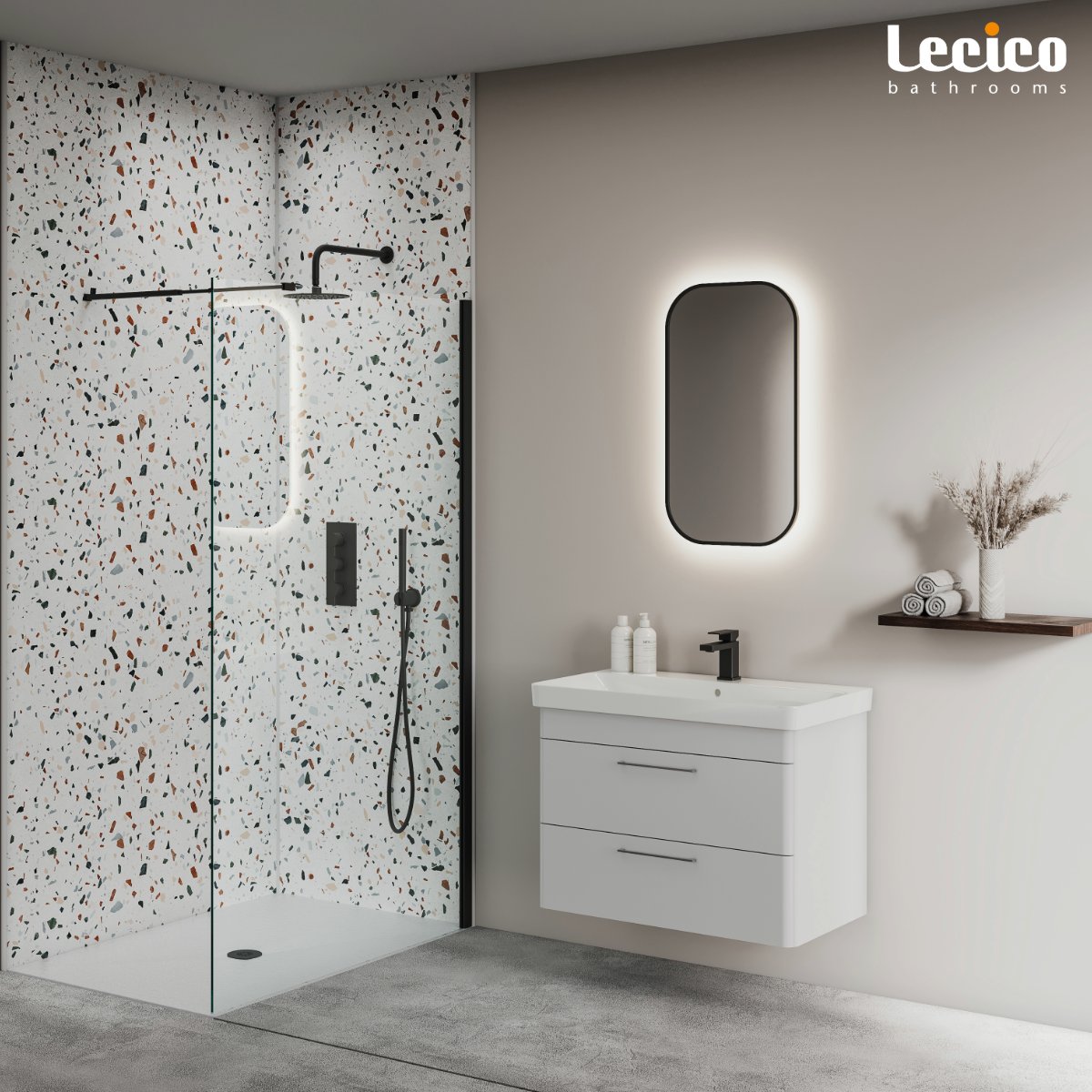 Repeat Materials shower panels partnered with our Layla furniture ranges 🚽