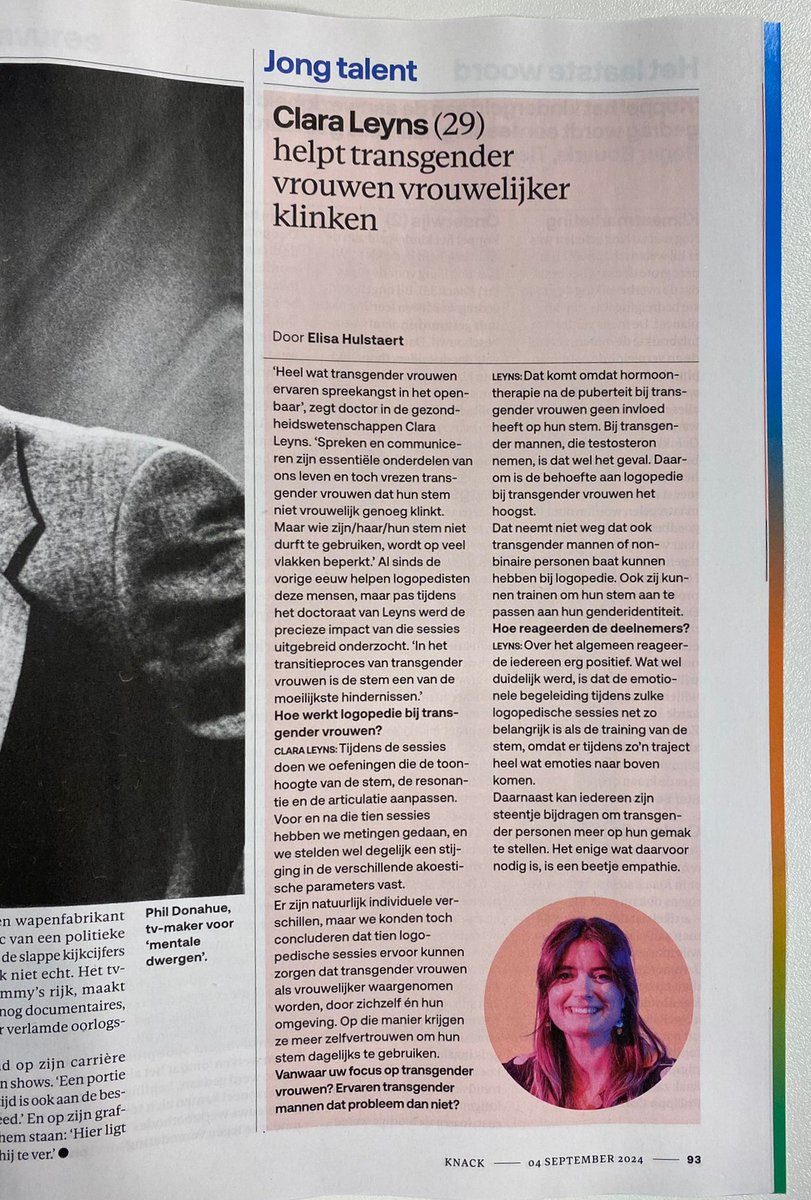 ClaraLeyns's tweet photo. π€ͺIn de gazet! Ik mocht deze week in @Knack magazine praten over het belang van logopedie voor trans vrouwen π³οΈβπ
#wecomm #sciencecommunication #outreach #transgender #postdoc #research https://t.co/C4OKzvEkW6