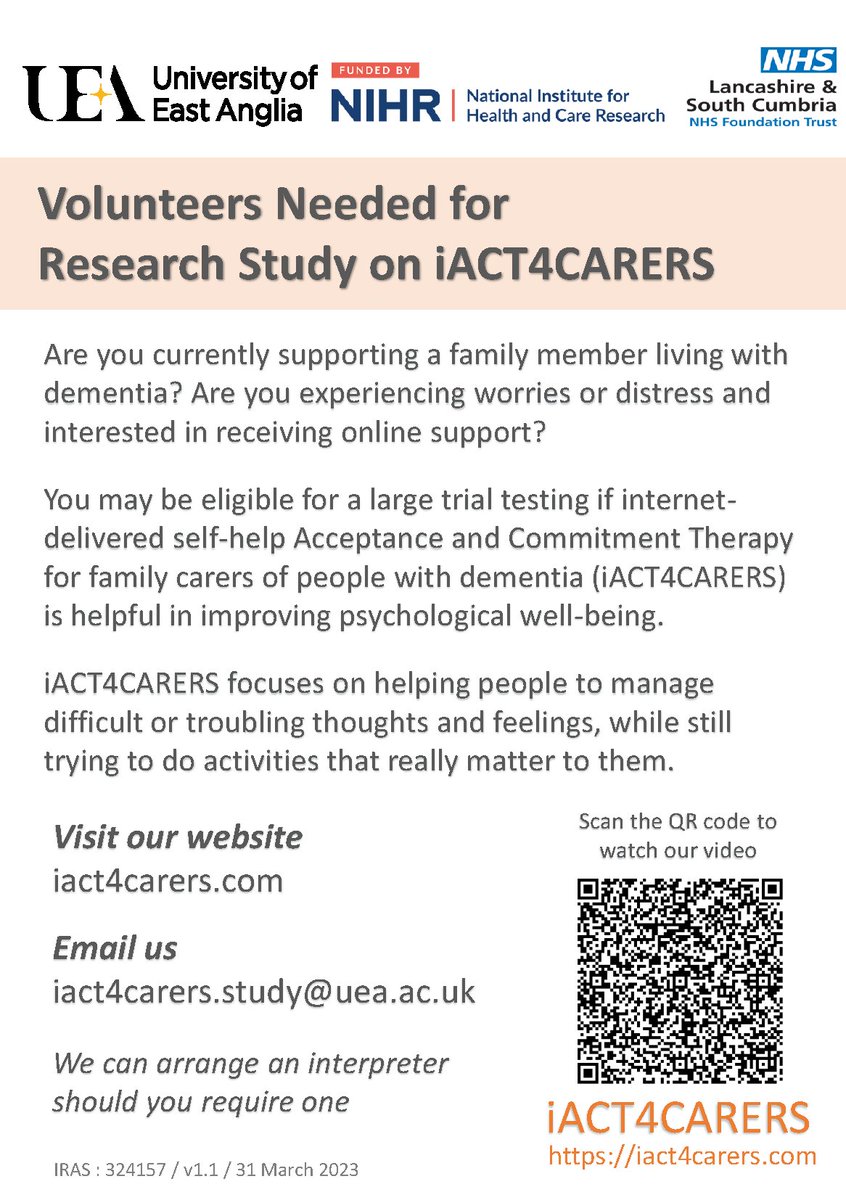 Are you currently supporting a family member living with dementia? 

Are you interested in receiving online support? 

iACT4CARERS is a research study for family carers of people with dementia.

Find out more by visiting iact4carers.com or scanning the QR code below.