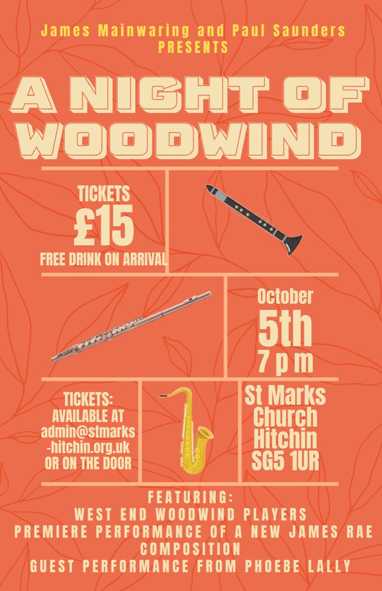All Flutes Plus (@allflutesplus) on Twitter photo Woodwind enthusiasts: get your tickets to a night of woodwind featuring West End woodwind players!
October 5th at 7pm, St Marks Church in Hitchin.
Tickets are available at admin@stmarks-hitchin.org.uk or on the door.
#woodwind #fluteplayers #westend #musical #flutemusic Woodwind enthusiasts: get your tickets to a night of woodwind featuring West End woodwind players!
October 5th at 7pm, St Marks Church in Hitchin.
Tickets are available at admin@stmarks-hitchin.org.uk or on the door.
#woodwind #fluteplayers #westend #musical #flutemusic