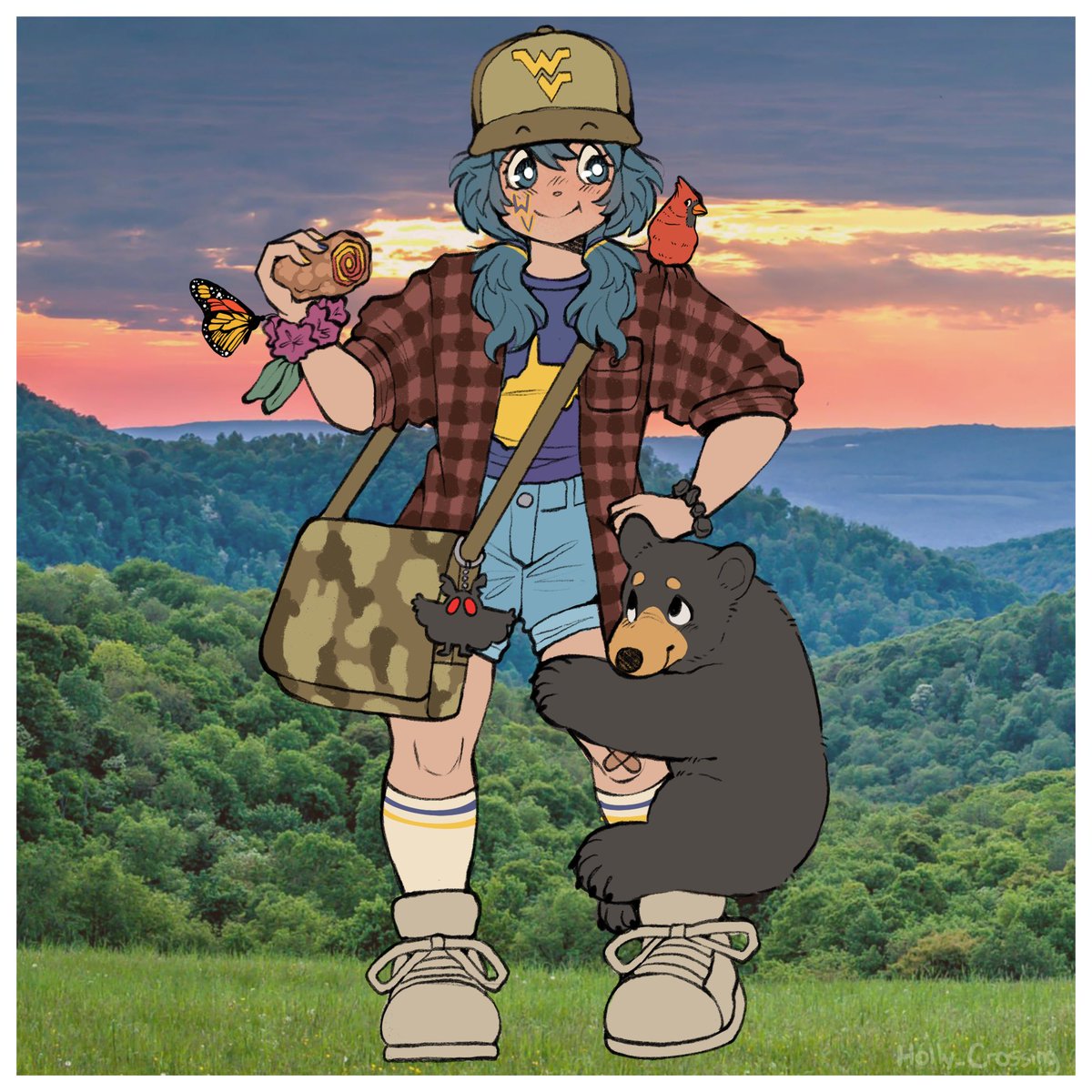 Pawlygon_'s tweet photo. I made my own West Virginia Miku design. She loves hiking, white water rafting, and fishing, as well as singing. Mothman is her muse! Oh and her bag is full of Mountain Dew. #WestVirginiaMiku #WVMiku #Miku #HatsuneMiku #Art #Drawing #Fanart https://t.co/imSKinegHY