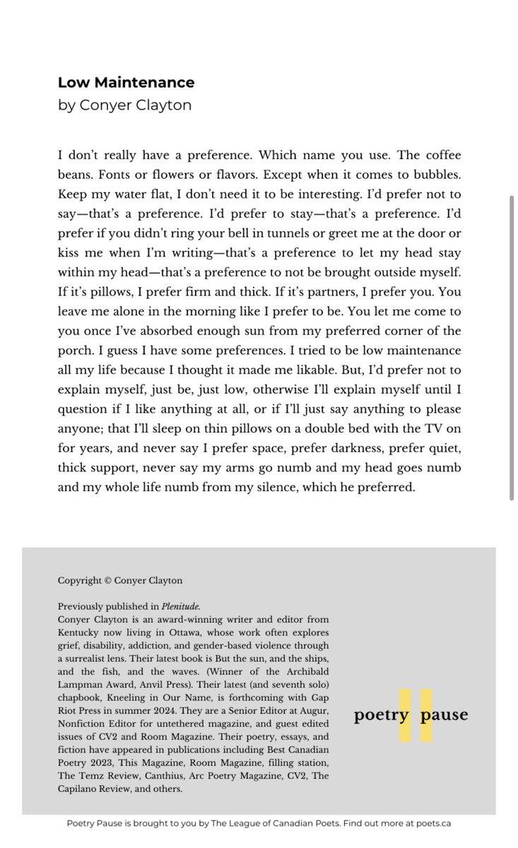 Ellen Chang-Richardson π (@ehjchang) on Twitter photo Be still, my heart. Todayβs poetry pause from <a href="/CanadianPoets/">League of Canadian Poets</a> : Low Maintenance by @conyerclayton Be still, my heart. Todayβs poetry pause from <a href="/CanadianPoets/">League of Canadian Poets</a> : Low Maintenance by @conyerclayton