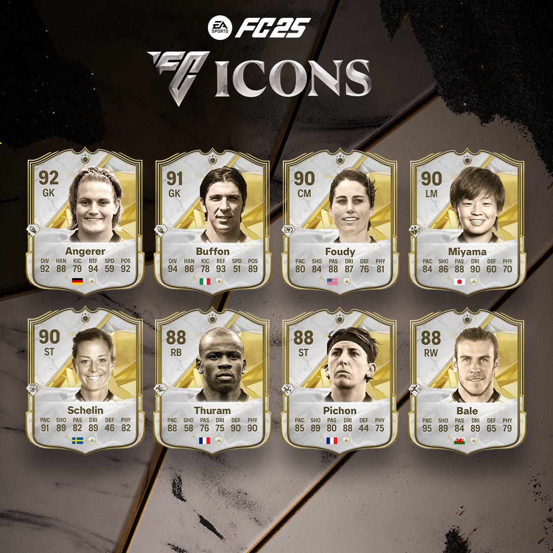 Actu Foot (@actufoot_) on Twitter photo 🚨 OFFICIEL ! EA FC 25 dévoile 8 nouvelles cartes ICON ! 🌟
👩 :
🇫🇷 Pichon
🇩🇪 Angerer
🇺🇸 Foudy
🇸🇪 Schelin
🇯🇵 Miyama
👨 :
🇫🇷 Thuram
🇮🇹 Buffon
🏴 Bale
📸 <a href="/EASPORTSFC/">EA SPORTS FC</a> 🚨 OFFICIEL ! EA FC 25 dévoile 8 nouvelles cartes ICON ! 🌟
👩 :
🇫🇷 Pichon
🇩🇪 Angerer
🇺🇸 Foudy
🇸🇪 Schelin
🇯🇵 Miyama
👨 :
🇫🇷 Thuram
🇮🇹 Buffon
🏴 Bale
📸 <a href="/EASPORTSFC/">EA SPORTS FC</a>