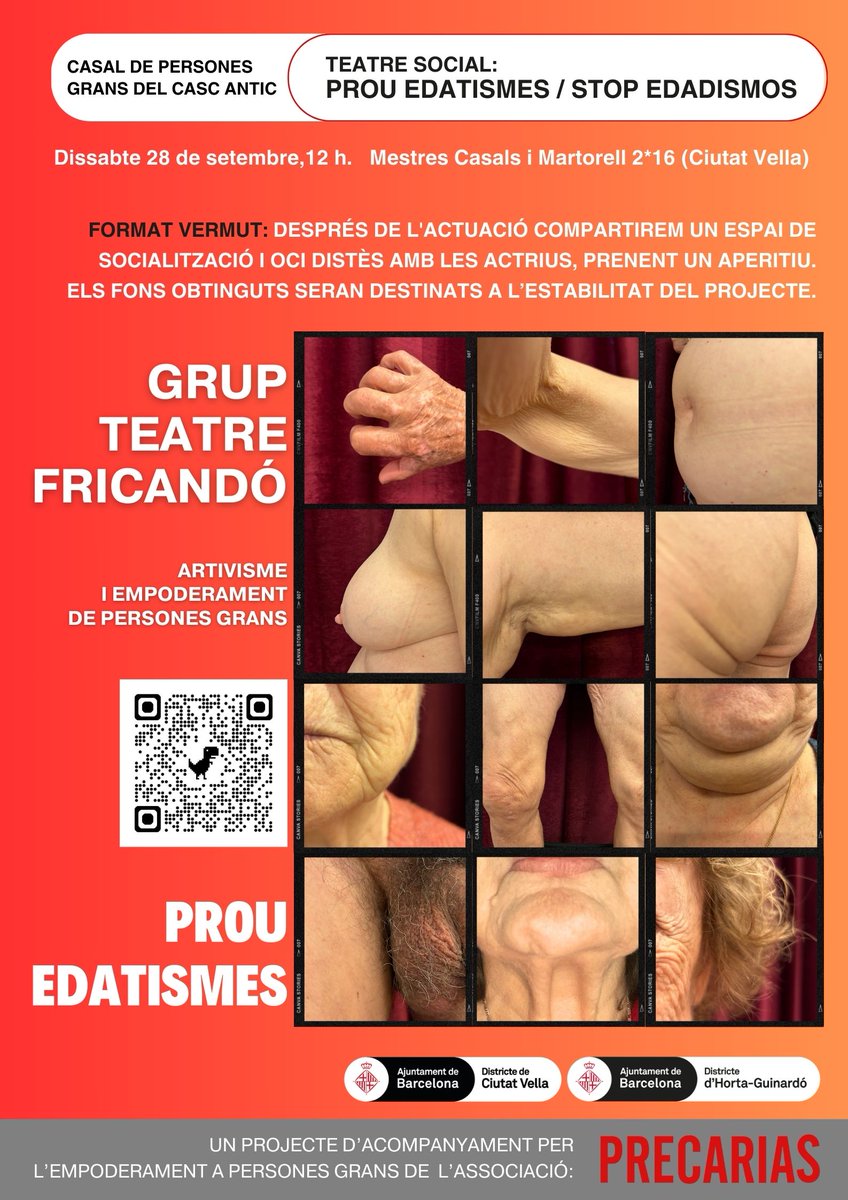 precarias's tweet photo. NOVA DATA: Dissabte 28 setembre 2024; 12 h. Format vermut! #GrupTeatreFricandó mostrarà càpsules temàtiques relatives a diferents formes de patir –i reproduir– la discriminació per raó d'edat en les #personesgrans. I ho fan posant el cos, perquè l’envelliment és un acte polític! https://t.co/I9m6DDjFna