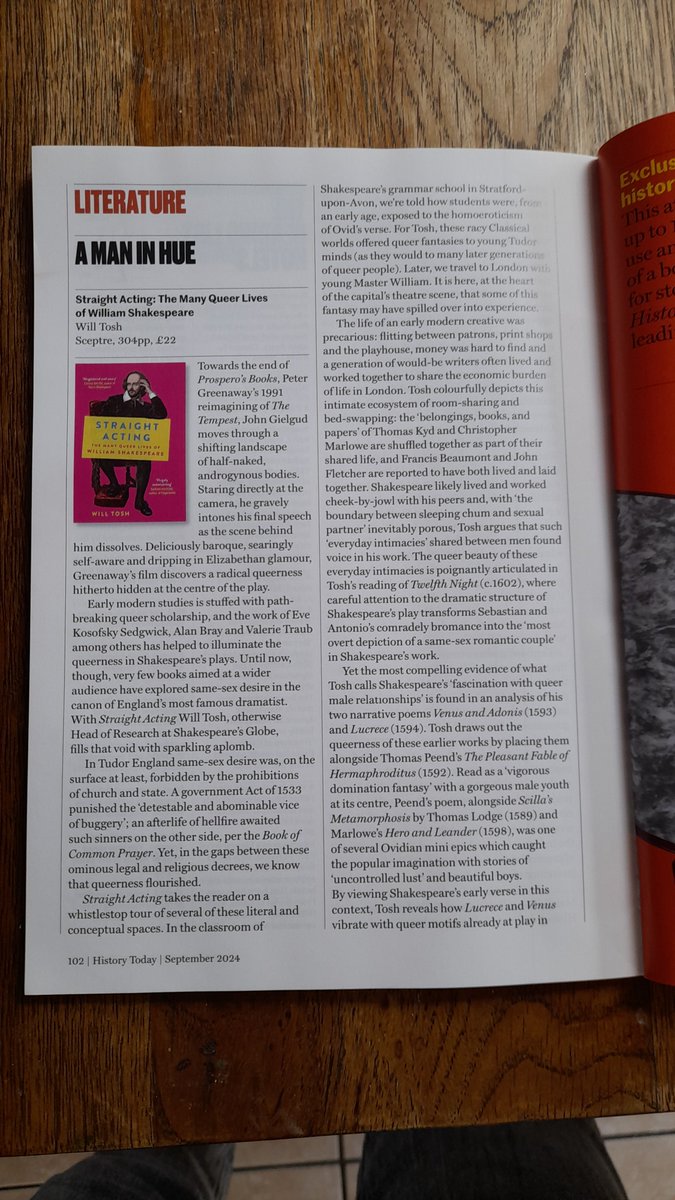 It was a joy to review the brilliant #StraightActing by <a href="/will_tosh/">Will Tosh</a> for this month's ed of <a href="/HistoryToday/">History Today</a>. A rare delight to hold a real life print copy, too!