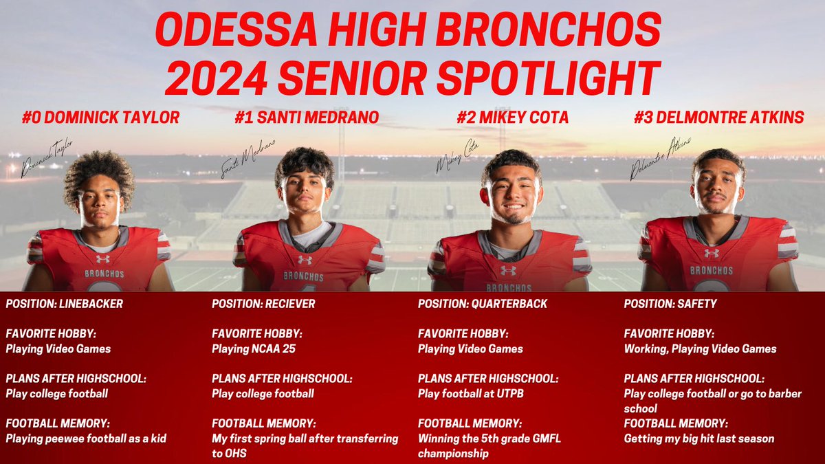OHSBronchoFB's tweet photo. 🚨 Senior Spotlight 🚨
Our seniors are working hard to build a legacy and tradition here at OHS!
We are proud to honor these four seniors this week:
#0 Dominick Taylor
#1 Santi Medrano
#2 Mikey Cota
#3 Delmontre Atkins
🔴⚪️ #WestRide #AAAO
@BigRedBronchos https://t.co/WZH4slFiG8