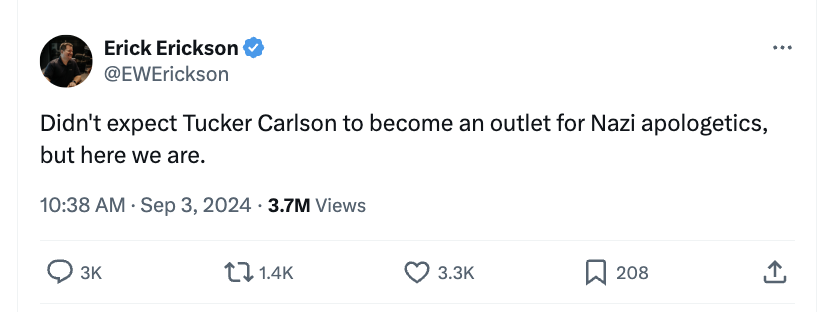 My first piece detailing how Tucker Carlson was "beloved by neo-Nazis" was published in January 2017 and featured this quote from Andrew Anglin: “Tucker Carlson is literally our greatest ally. I don’t believe that he doesn’t hate the Jews.” mediamatters.org/tucker-carlson…