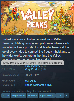 We're soOoOoOo close to 100 reviews!!! Thank you to everyone who has taken the climb🧗⛰️

🐸👉👈If you've been playing Valley Peaks please consider leaving a review. We love reading your reactions and it helps us so much to be discovered!