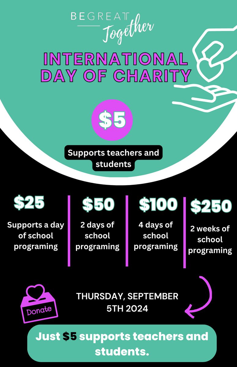 🚨 1 day until International Day of Charity! 🚨 Just $5 can go a long way in supporting teachers and students! Whether you choose to give $5, $25, $50, $100, or $250, every contribution makes a real impact.💪 Donate today at bgtogether.org or Text "GIVE" to 816-688-3706.