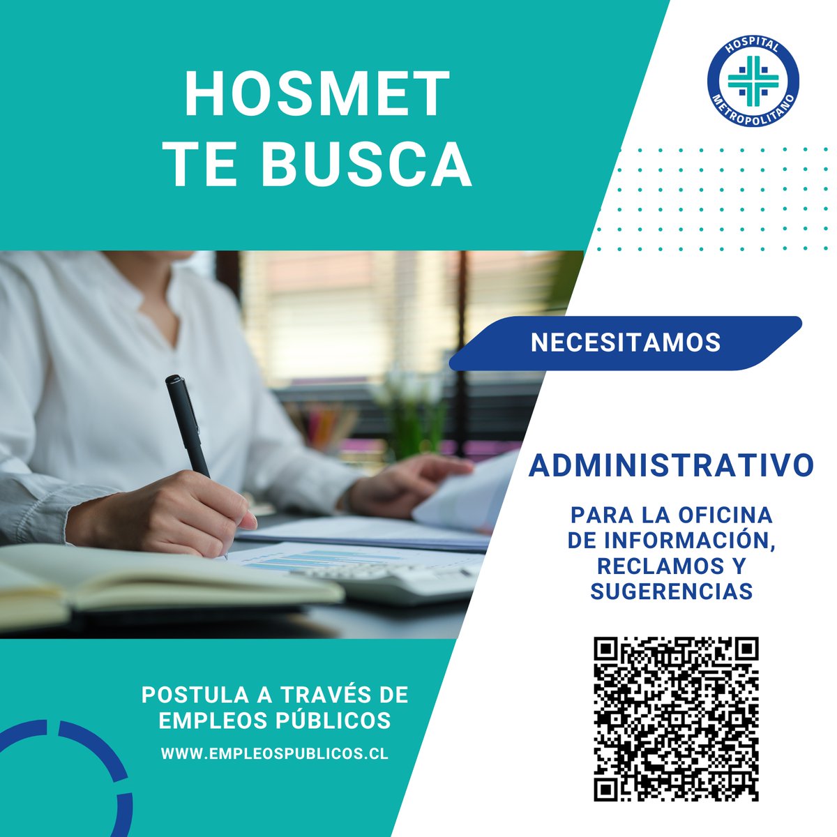 ¡SÚMATE AL HOSPITAL METROPOLITANO!
Te invitamos a postular a un nuevo concurso público, para cubrir una vacante de administrativo(a) en la Oficina de Información, Reclamos y Sugerencias (OIRS) y la Dirección. 
empleospublicos.cl/pub/convocator…