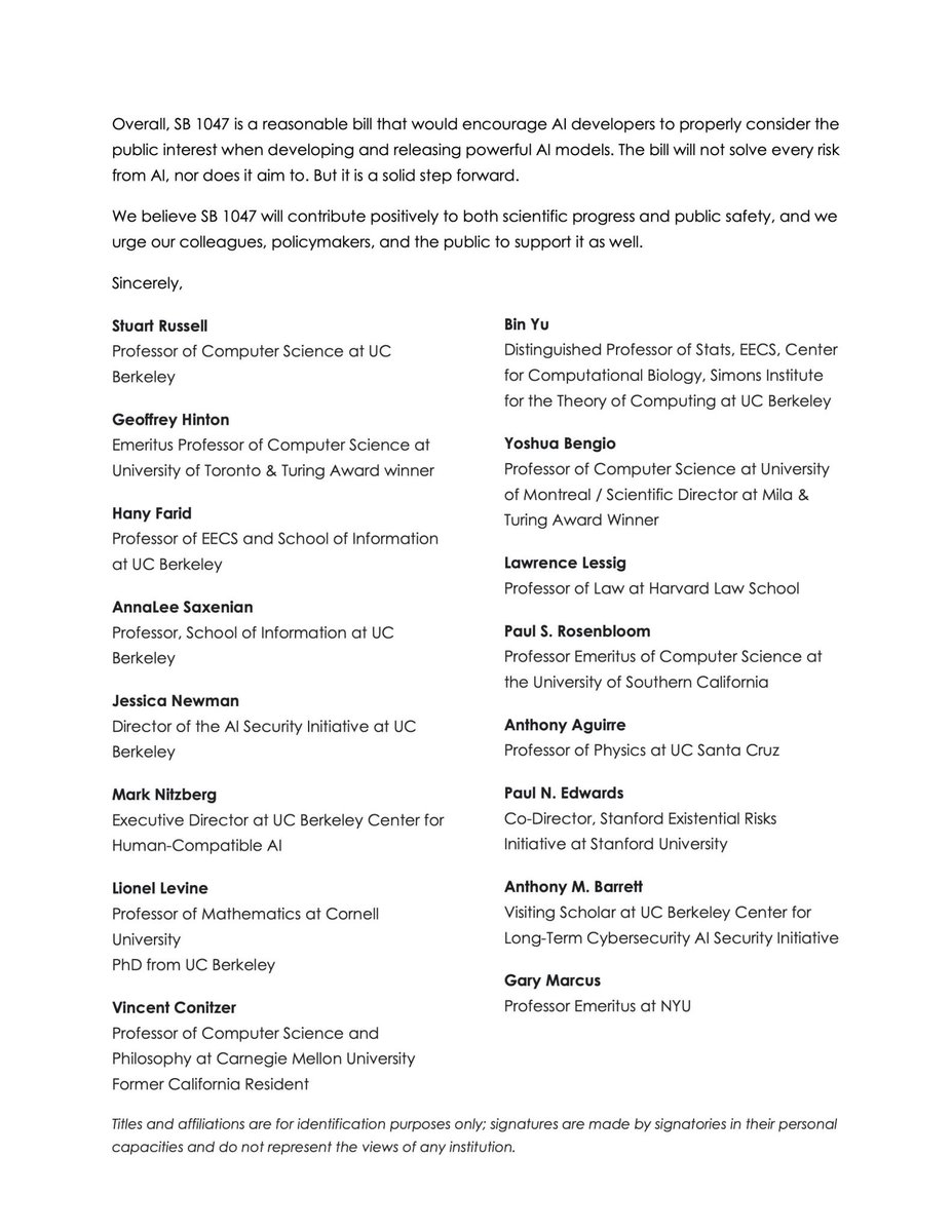 We sent this letter to <a href="/GavinNewsom/">Gavin Newsom</a> this morning. He should sign SB 1047! 🧵