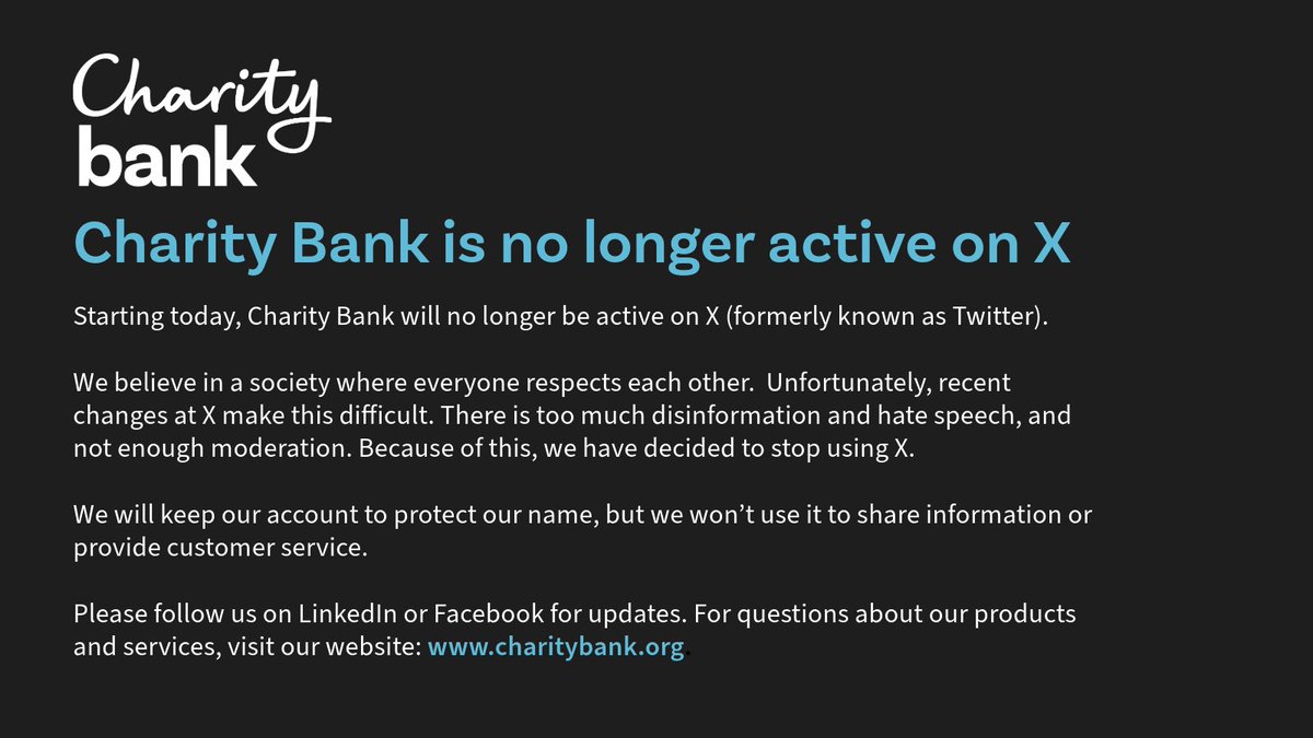 Starting today, Charity Bank will no longer be active on X (formerly known as Twitter).

We believe in a society where everyone respects each other.  Unfortunately, recent changes at X make this difficult. There is too much disinformation and hate speech, and not enough