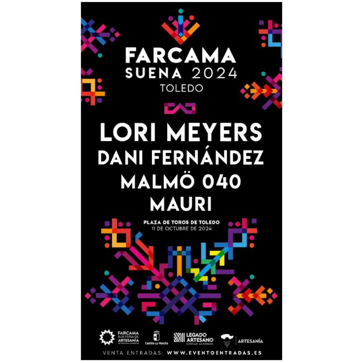 Patricia Franco (@pfrancoclm) on Twitter photo 🎼🎶 <a href="/FARCAMA/">FARCAMA</a> acogerá el festival Farcama Suena que contará con artistas de la talla de <a href="/lorimeyersband/">Lori Meyers</a> <a href="/DaniFdez/">Dani Fernández D.</a> <a href="/malmo_040/">Malmö 040</a> y <a href="/Mauri_band/">Mauri</a> el día 11 de octubre en la Plaza de Toros de Toledo.
🎫 Entradas a la venta a partir de mañana a las 12:00hrs en eventoentradas.es. 🎼🎶 <a href="/FARCAMA/">FARCAMA</a> acogerá el festival Farcama Suena que contará con artistas de la talla de <a href="/lorimeyersband/">Lori Meyers</a> <a href="/DaniFdez/">Dani Fernández D.</a> <a href="/malmo_040/">Malmö 040</a> y <a href="/Mauri_band/">Mauri</a> el día 11 de octubre en la Plaza de Toros de Toledo.
🎫 Entradas a la venta a partir de mañana a las 12:00hrs en eventoentradas.es.