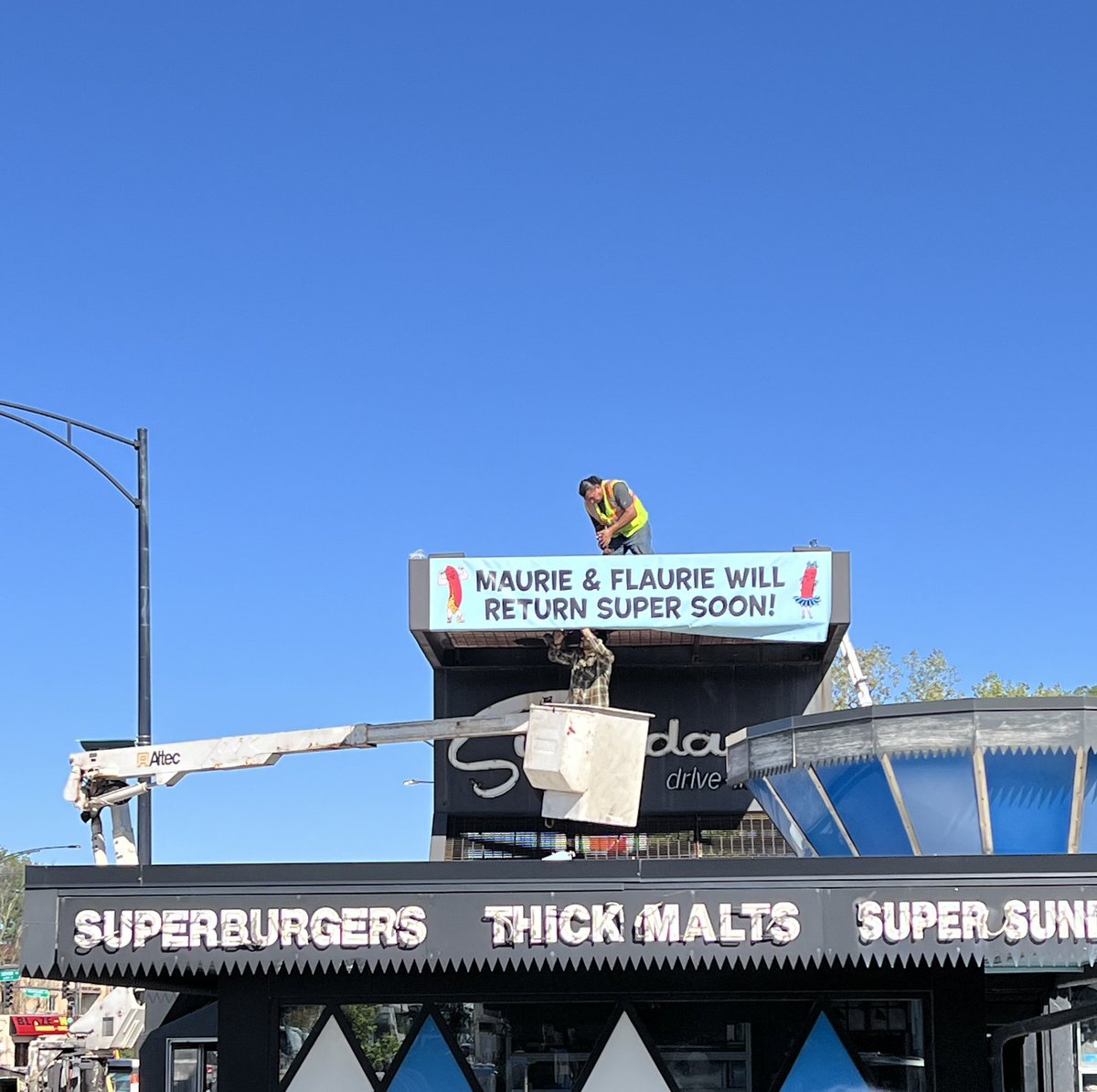 For 76 years, their blinking eyes a beacon leading hungry travelers to Milwaukee &amp; Devon, Maurie and Flaurie have stood a stoic watch with little respite from the elements.  After all that time, we figured they’ve earned a rest from the roof and a trip together to the SuperSpa!