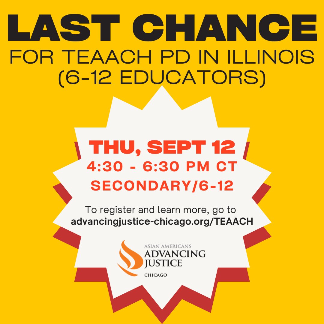 circa_pintig's tweet image. Register now for Free #TEAACH Act Professional Development training at advancingjustice-chicago.org/teaach/
⁠
Illinois PD hours are provided:
🔴 Sept 12
🔴 Oct 9
⁠
Learn how to incorporate Asian American history as told through stories by Asian Americans. @AAAJ_Chicago

#modelminoritymyth