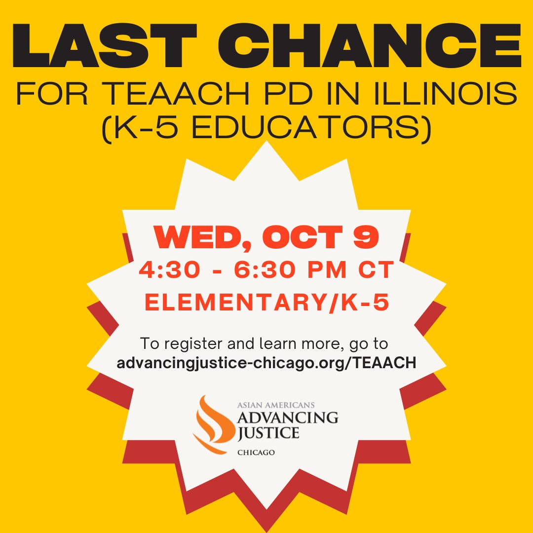 circa_pintig's tweet image. Register now for Free #TEAACH Act Professional Development training at advancingjustice-chicago.org/teaach/
⁠
Illinois PD hours are provided:
🔴 Sept 12
🔴 Oct 9
⁠
Learn how to incorporate Asian American history as told through stories by Asian Americans. @AAAJ_Chicago

#modelminoritymyth