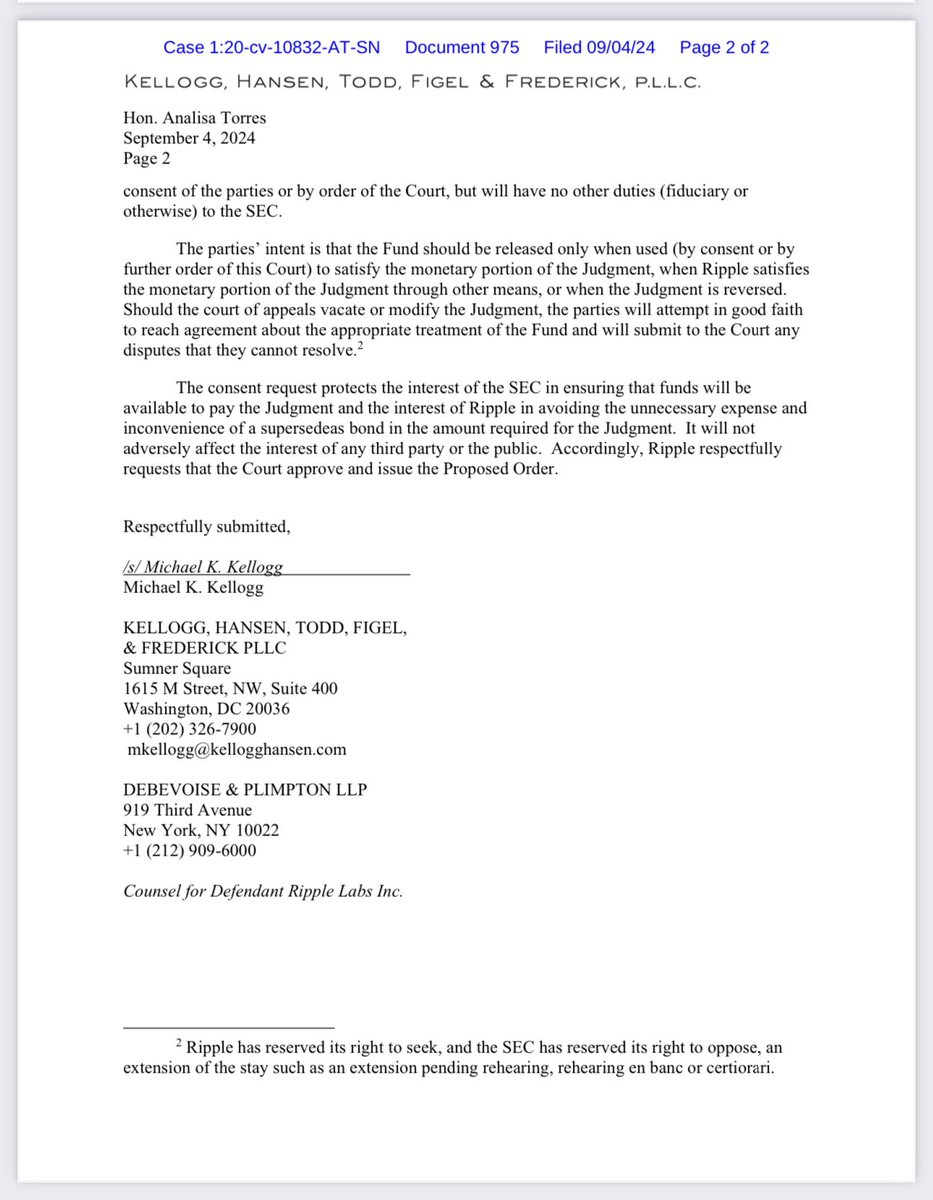 FilanLaw's tweet photo. #XRPCommunity #SECGov v. #Ripple #XRP Ripple has filed a letter requesting a stay of the monetary portion of the Court’s Judgment entered on August 7, 2024.  The SEC has consented to the request for a stay. https://t.co/zo68dq6D8j