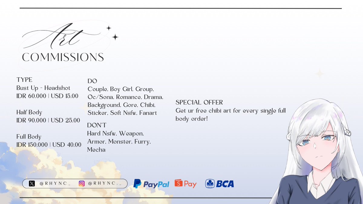 Rhync_'s tweet image. COMMISSION OPEN 🎐
[ RT &amp;amp; LIKE ARE REALLY APPRECIATED ]

Hello! i'm available for local 🇮🇩 and international 🌎 order

DM me for order and get free chibi art for fullbody purchase!

#commission #commissionopens #zonauang #commissionart #ArtistOnTwitter #artidn