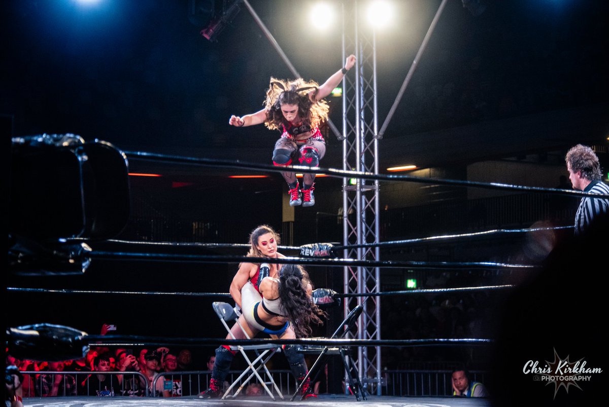 chriskphotoIOM's tweet photo. I love a good action shot 😍 @safirewrestler with the stomp onto chairs from the top 📸

#revpro12ya https://t.co/Se72ZQkB23