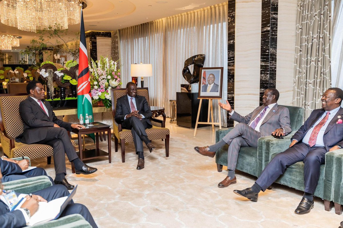 paulinenjoroge's tweet photo. President William Ruto is taking optimal advantage of the Forum on China-Africa Cooperation (FOCAC) Summit in Beijing to step up Kenya's efforts in drumming up support for Rt. Hon. @RailaOdinga’s bid for the position of Chairperson of the African Union Commission (AUC).

Afer spending most of his time in development meetings yesterday, President Ruto’s itinerary today reveals an intense programme in back-to-back meetings with colleague Heads of State and Government from across Africa. 

The president, accompanied by the former Prime Minister has so far met with presidents Denis Sassou Nguesso (Congo-Brazaville), Faure Gnassingbé (Togo), Paul Kagame (Rwanda), Mahamat Deby (Chad), Hakainde Hichilema (Zambia), Assimi Goita (Mali) and Guinea Bissau's Umaro Embalo.

Meetings of this nature are crucially important in that they will accord the president and Hon. Odinga an opportunity to share with these leaders Raila's leadership vision and plans for the AU Commission, and formally request and hopefully secure their support for the February 2025 elections. 

Given that this is only President Ruto’s second full working day in Beijing, and considering the number of African leaders attending the summit, we are likely to see more of such engagements.
#Raila4AUC 
#TheAfricaWeWant