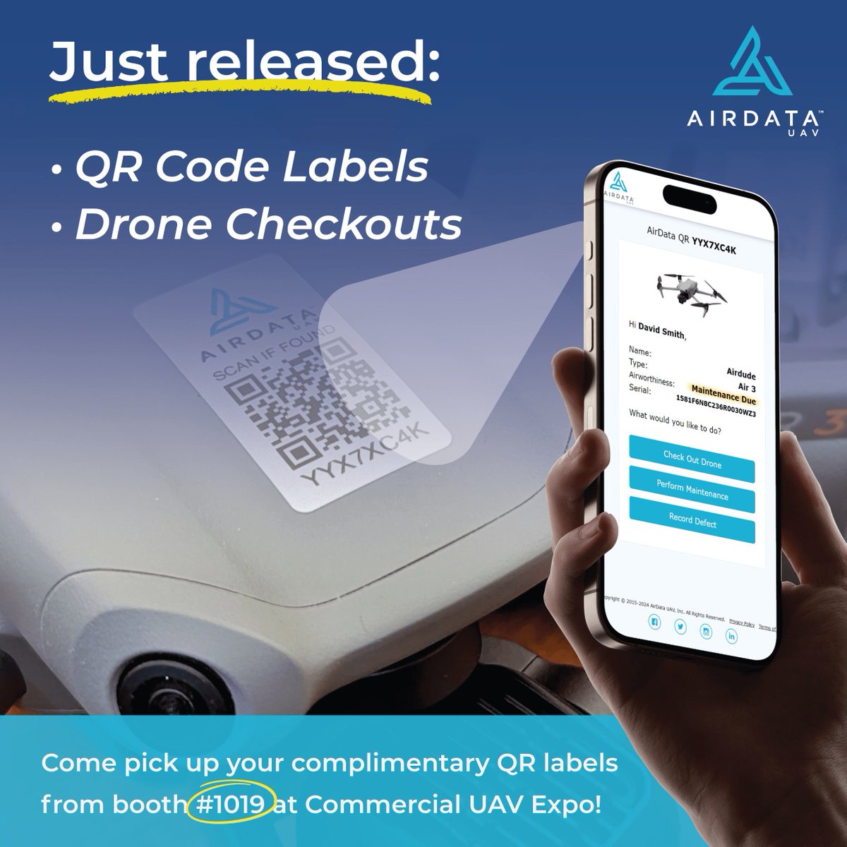 We are excited to announce the release of two new features: QR code labels and drone checkouts! Explore the new "ASSIGNMENT" tab when viewing a drone profile. Visit us at booth 1019 during the Commercial UAV Expo today and tomorrow to receive complimentary QR code labels!