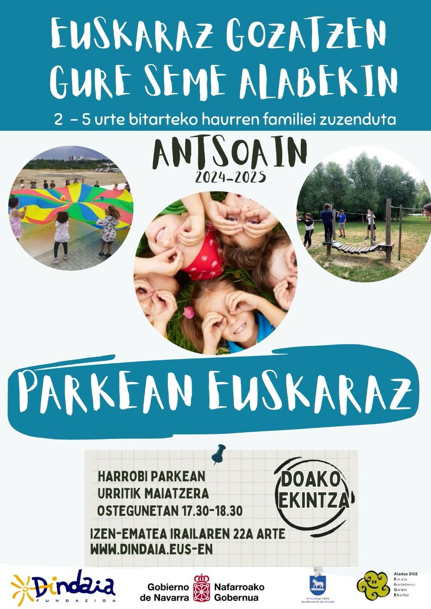 "PARKEAN EUSKARAZ".
Izen ematea: Irailak 22 azken eguna.
Euskaraz bizi!
#Antsoain
dindaia.eus/izena-eman/fam…