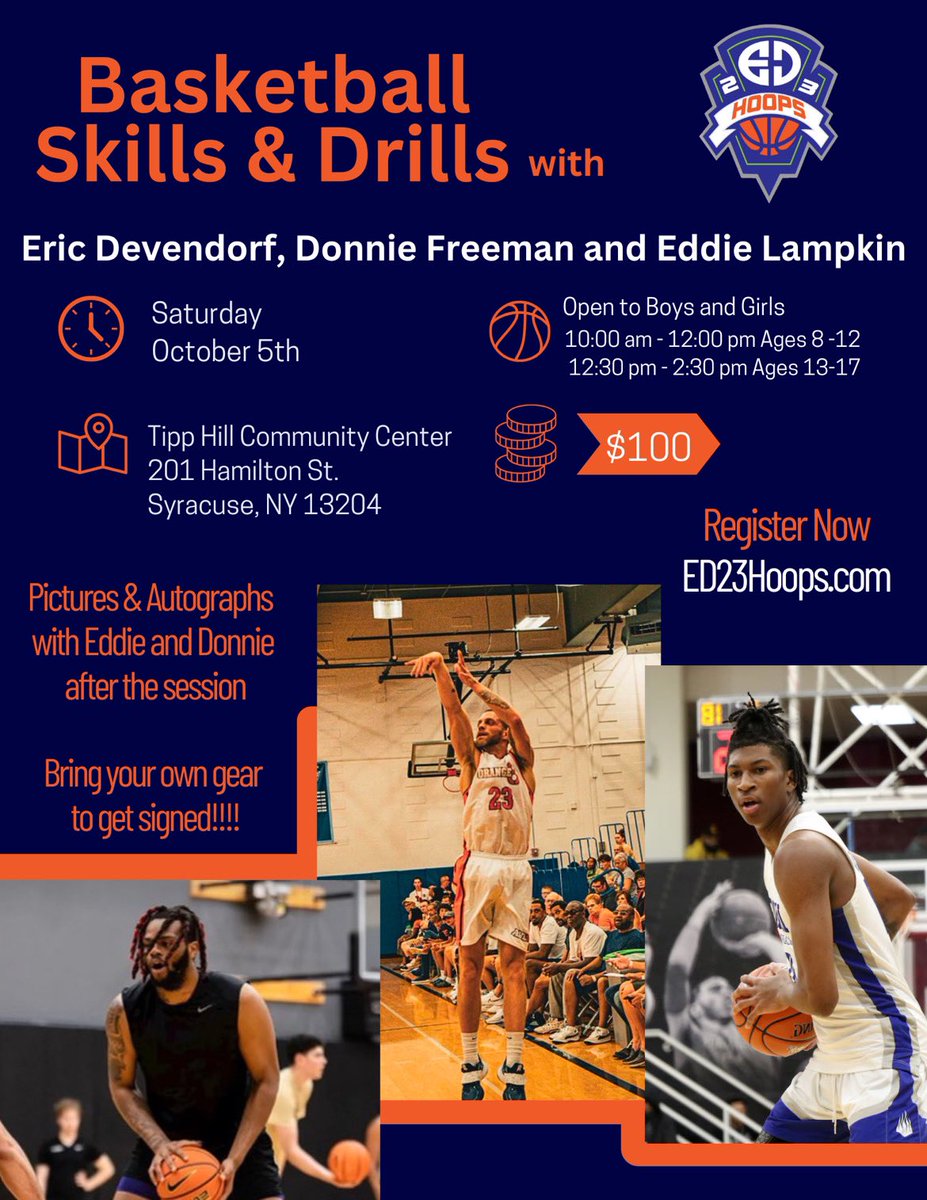CALLING ALL KIDS!!!

Skills &amp; Drills with Donnie Freeman, Eddie Lampkin, and Eric Devendorf. October 5th🏀