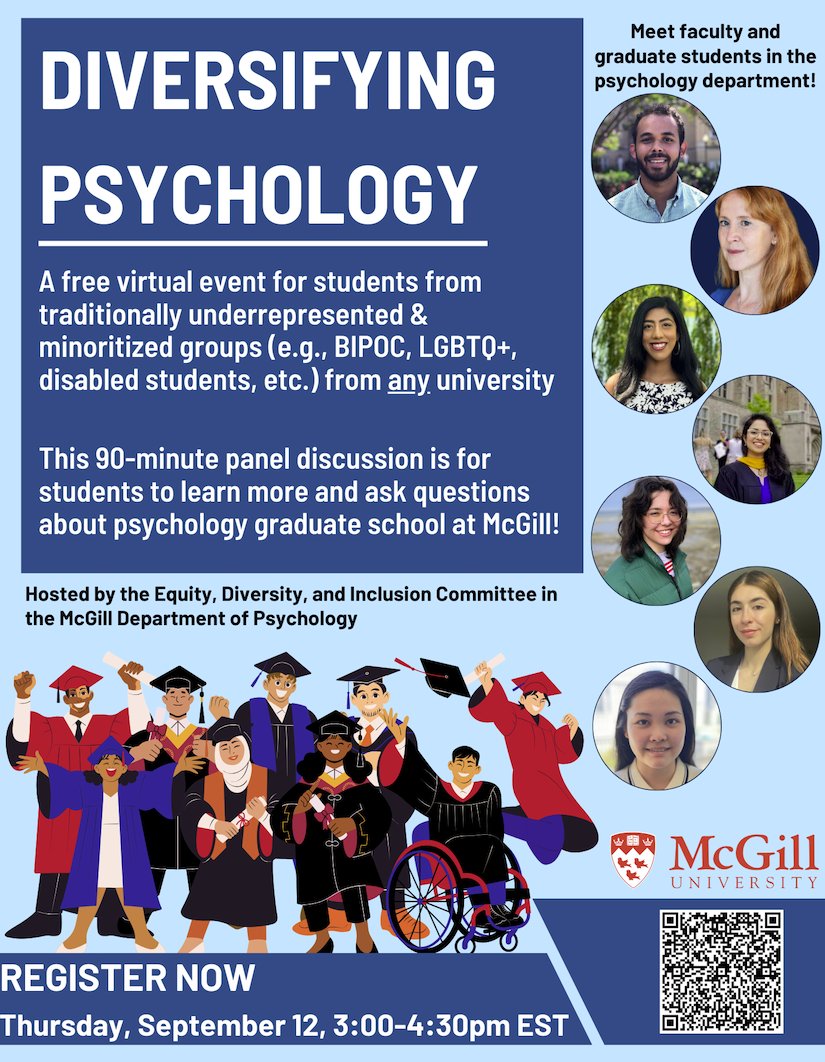 Elsa-Lynn Nassar (@elsanassar_) on Twitter photo Excited to share an upcoming event themed "Diversifying Psychology," organized by the EDI committee of <a href="/McGillPsych/">McGill Psychology</a>! Join us on September 12, 3:00-4:30 pm (ET).
🔗events.teams.microsoft.com/event/1d302e8d… Excited to share an upcoming event themed "Diversifying Psychology," organized by the EDI committee of <a href="/McGillPsych/">McGill Psychology</a>! Join us on September 12, 3:00-4:30 pm (ET).
🔗events.teams.microsoft.com/event/1d302e8d…